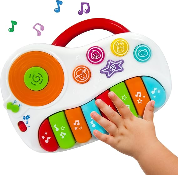 Musical Piano Toy for 1-3 Year Old Toddlers, 8-Key Rainbow Keyboard with DJ Turntable Scratchpad, 5 Light-Up Animal Buttons, Demo Songs, Volume Control and Carry Handle, Boys Girls Gift