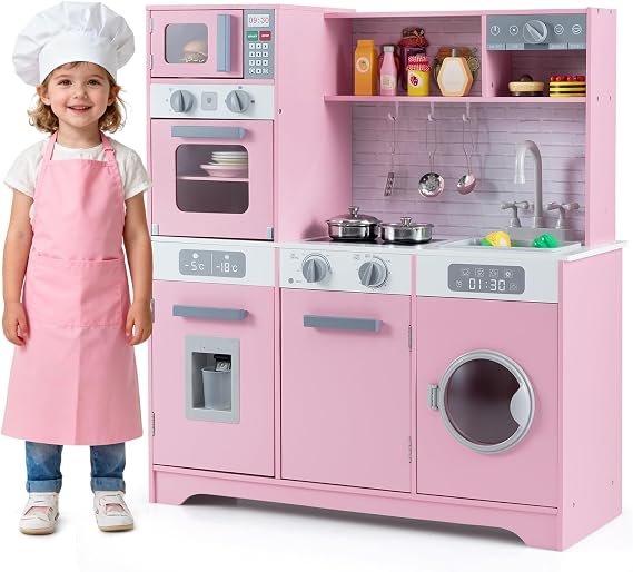 COSTWAY Kids Wooden Kitchen, Pretend Play Kitchen with Light, Sound, Sink & Faucet, Oven, Washing Machine, Microwave, Water Dispenser, Utensils, Children Chef Role Playset for Boys Girls (Pink)