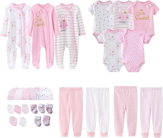 MAMIMAKA Newborn Layette Gift Set 27-Piece Baby Girl Clothes Bodysuits, Pants Essentials and Accessories 0-12Months