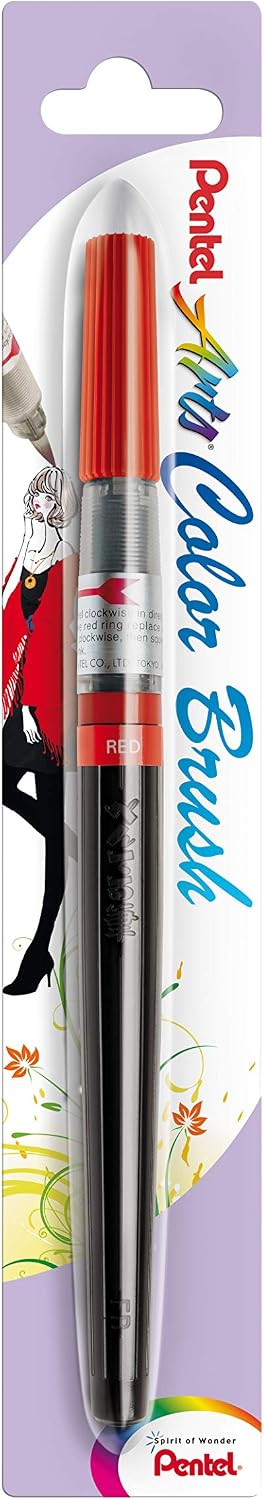 Pentel Arts Colour Brush, Red Ink, 1 Blister Card with 1 Brush