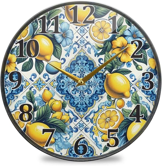 Watercolor Lemon Tile Wall Clock - Silent Non-Ticking Round Wall Clock, Battery Operated Modern Creative Clocks for Living Room Kitchen Home Office 10 Inch
