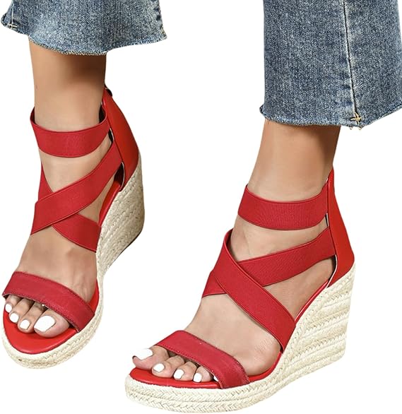 ZKXYFFS Women's Open Toe Elastic Ankle Strap Casual Flatform Platform Wedges Sandals Casual Dressy Summer Beach Comfortable Sandals