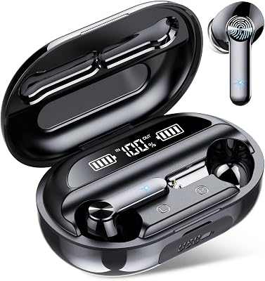 Bluetoth 5.1 Headphones, Wireless Earbuds with 100h Playtimes Charge Case, Deep Bass, IPX7 Waterproof Running Earphones with 4-Mic Clear Call, LED Display, in Ear Headphones for WorkGym