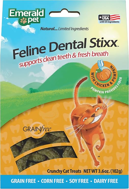 Emerald Pet Grain-Free Chicken Cat Dental Treats Crunchy Dental Sticks for Cats to Clean Teeth, Reduce Plaque & Tartar, Freshen Breath Pumpkin for Digestive Health, Natural Cat Chews, 3.6 oz