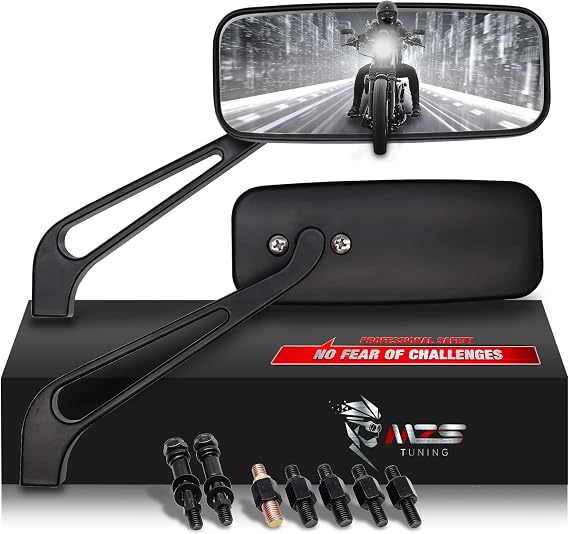 MZS Motorcycle Rear View Mirrors Universal Side Mirror Adjustment 8MM 10MM Mini Rectangle Black Compatible with Cruiser Chopper Touring Street Naked Road Bike Scooter Moped