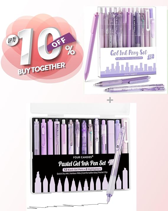 Four Candies 12Pack Pastel Gel Ink Pen Set + 14PCS Pen Set Purple with Case