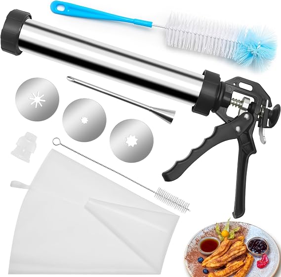 Churro Maker Kit 1+8pcs Churro Maker Machine Stainless Steel Churro Maker with Churros Gun Kit 3 Flower Pieces 2 Brushes Piping Bag Piping Nozzle Converter
