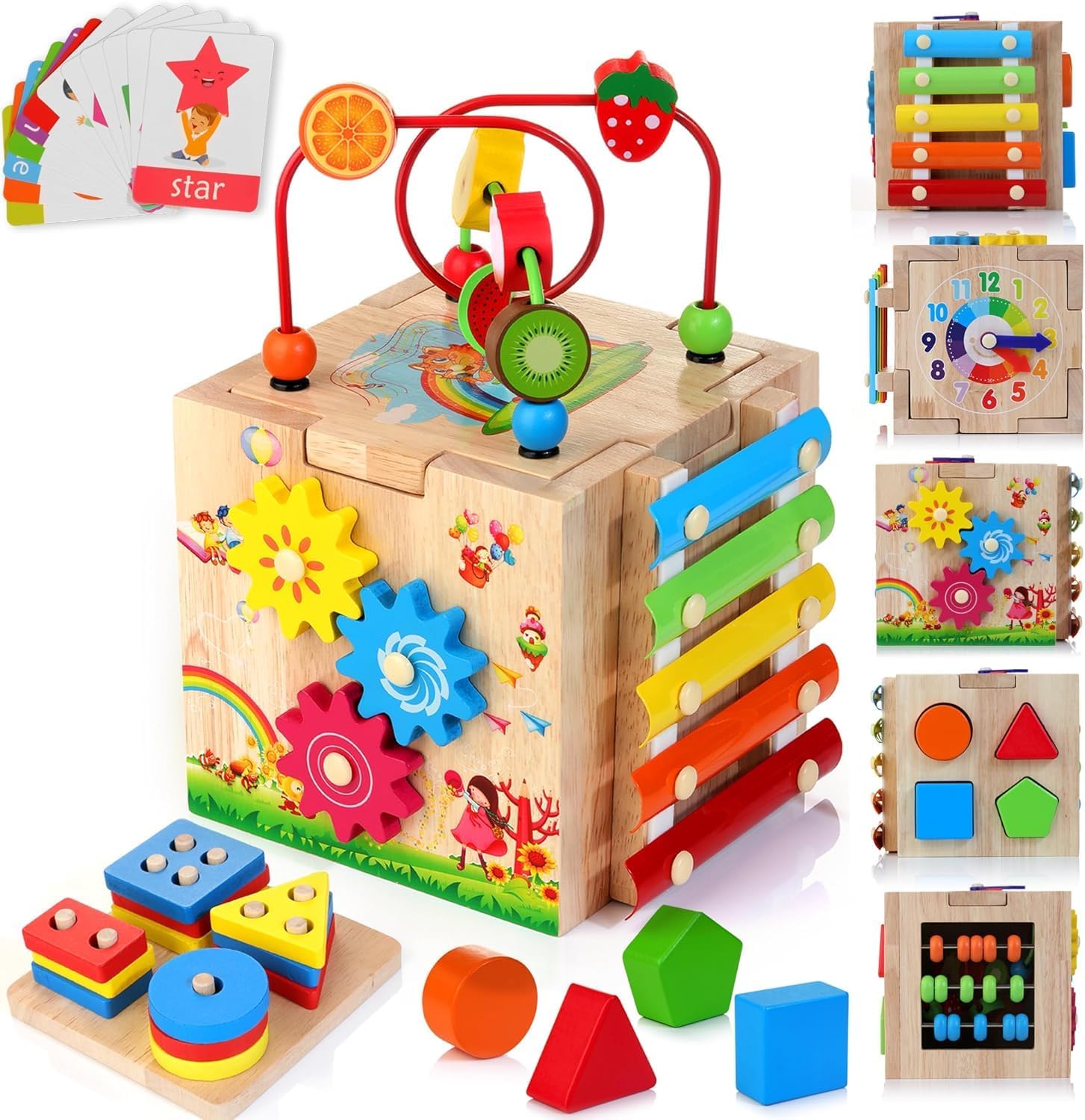 Wooden Activity Cube Baby Toys, 8-in-1 Montessori Educational Toy Set, Bead Maze Shape Sorter Abacus Xylophone Words &amp; Clock Learning, STEM Toys for Boys Girls Toys for 1 2 3 years old
