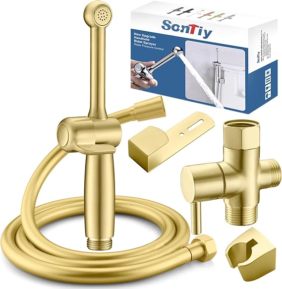 SonTiy Handheld Bidet Toilet Sprayer, Brass Cloth Diaper Sprayer Hand Held Bidet Attachment Jet Spray for Toilet with Backflow Preventer, 59" PVC Shower Hose and Shut Off Valve, Brushed Gold
