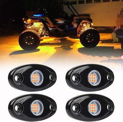 PSEQT 4 Pods RZR UTV LED Rock Lights Amber Underglow Light Waterproof for Car Truck ATV SUV Wrangler Silverado Offroad Boat Underbody Glow Trail Rig Lamp
