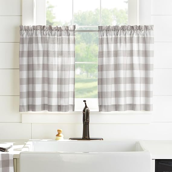 Elrene Home Fashions Farmhouse Living Buffalo Check Window Kitchen Tier Set, 30" x 36" (Set of 2, Gray/White, 2 Count