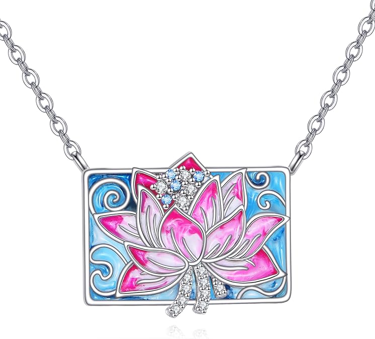 TIGER RIDER Lotus 925 Sterling Silver Necklace Pink Lotus Flower Pendant Jewelry Gift for Women Christmas Birthday