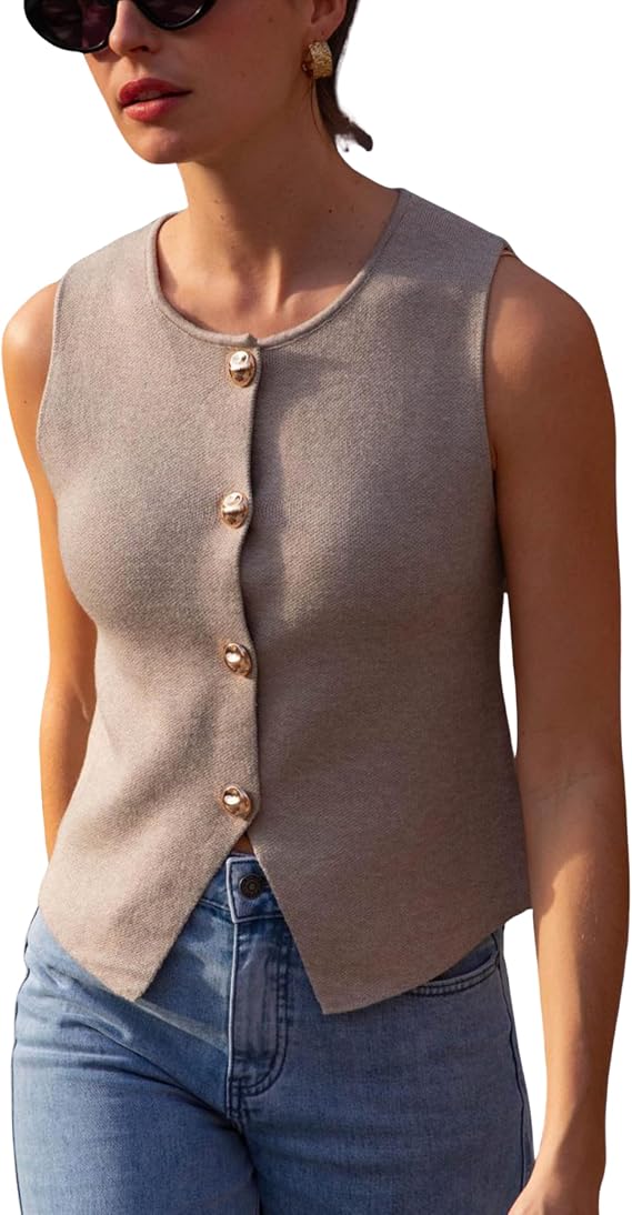 EsheSy Women Cropped Knit Vest Casual Button Down Crewneck Sweater Vest Sleeveless Tank Top