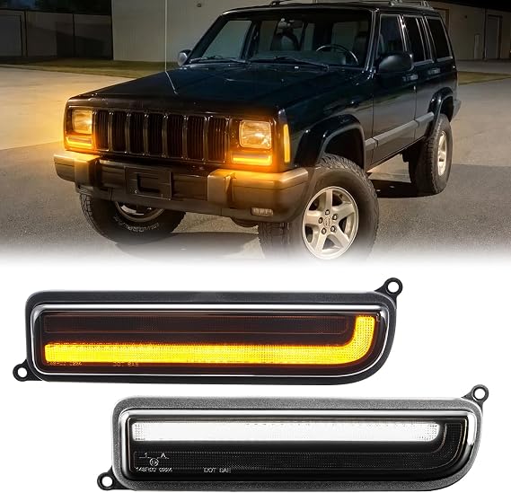Turn Signal Lights Fits for 1997-2001 Cherokee XJ, Upgraded Sequential Dynamic LED 2 PCS Front Corner Lights, Plug & Play, DOT/SAE, IP67, White & Amber Lights, Smoked Lens (Smoked Lens)