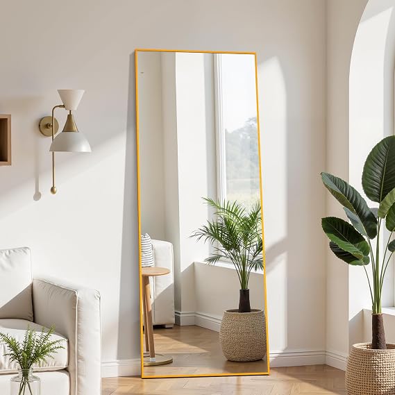 Alpen 59"x16" Full Length Mirror with Stand, Aluminum Frame Mirrors, Free Standing Leaning Mirror, Hanging Mounted Mirrors for Bathroom Living Room, Gold