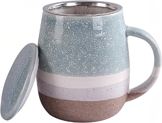 Ceramic Tea Cup with Loose Leaf Infuser, Tea Infuser Mug with Lid, 450ml, Gradient Tea Cup-Blue-450ml