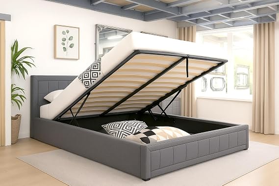 Modernique Grey Fabric Ottoman Storage King Sized Bed with Underneath Storage, Wooden Sprung Slatted Base (King)