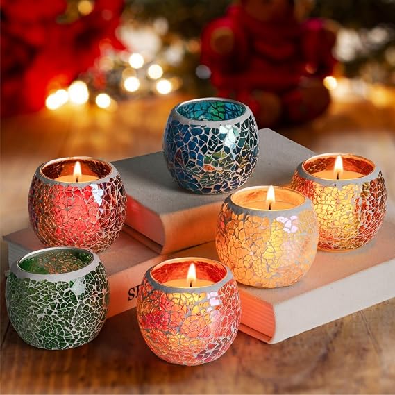 Covzoe 6 Pack Glass Votive Candle Holder, Stained Mosaic Tealight Holder | Romantic Aromatherapy Candle Lamp, Tea Light Holder Cup for Wedding Table Centerpiece, Home Decor, Christmas Party
