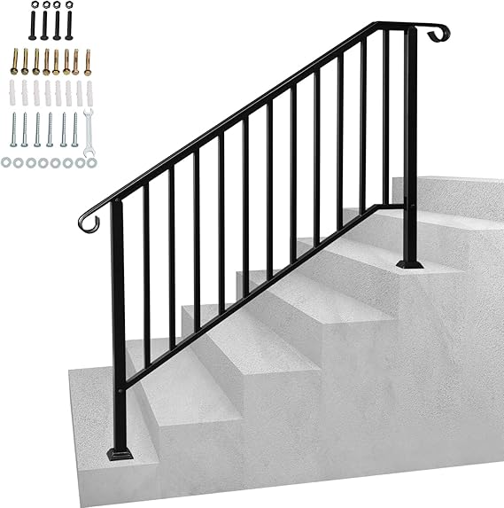 Adjustable Handrail Fits 4 to 5 Steps, Matte Black Wrought Iron Rail with Installation Kit, Outdoor Stair Railing