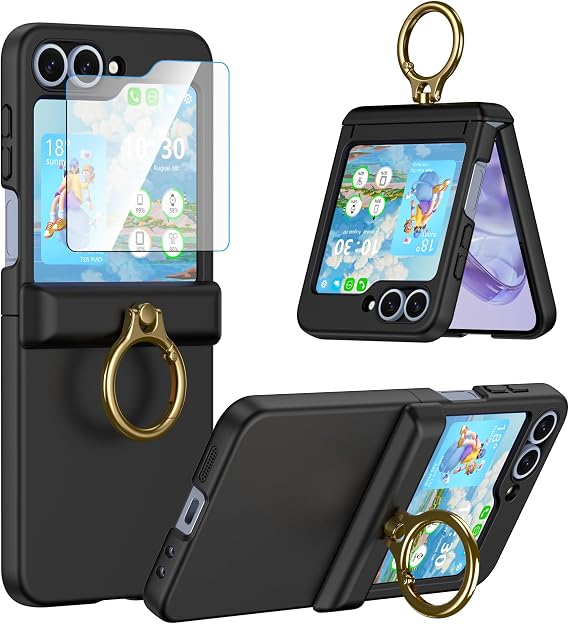 Case for Samsung Galaxy Z Flip 7 FE 6 Case with Ring Kickstand Screen Protector Shockproof Hinge Protection Phone Cover for Galaxy Z Flip 5 2023/Galaxy Z Flip 6 2024 5G - Black