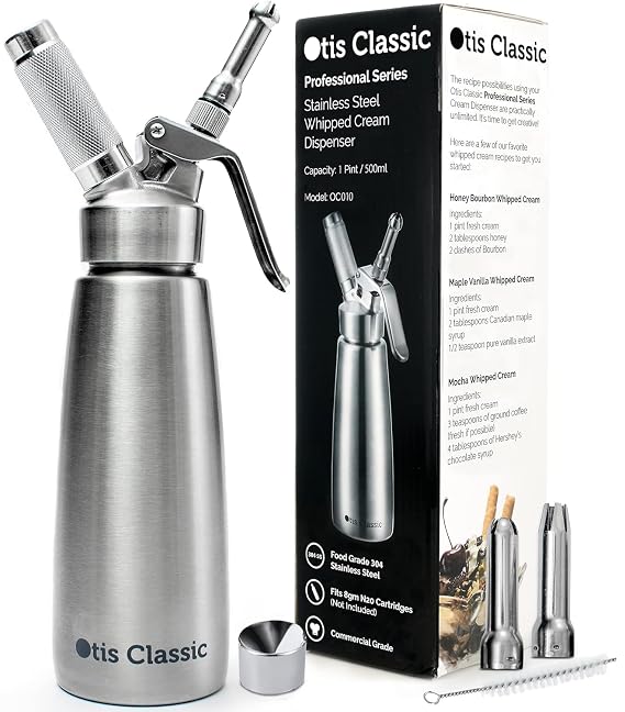 Otis Classic Whipped Cream Dispenser 500ml Stainless Steel with 3 Nozzles | Professional Grade, Three Decorator Tips, Commercial Quality whipped cream maker for coffee and desserts