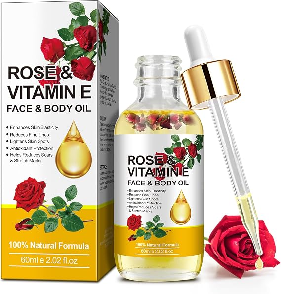 Rose Vitamin E Face & Body Oil - 100% Natural Moisturize Reduce Wrinkles Diminish Scars and Stretch Marks Enhances Skin Elasticity Rose Vitamin E Oil Organic for Face Body Massage Oil