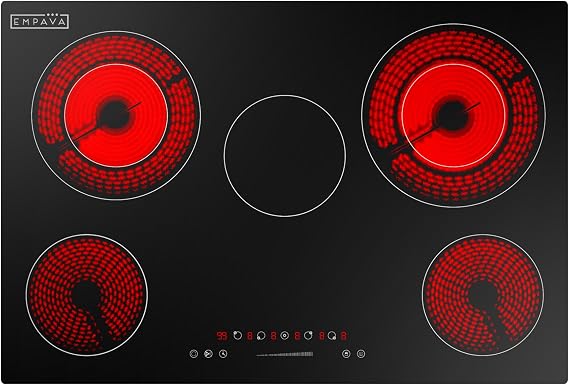 Empava 36 Inch Electric Ceramic Cooktop, 5 Radiant Burners with Dual-Ring Rear Zones & 100W Warmer, Touch Slider Controls, Stop & Go, Child Lock, Built-in, ETL Certified