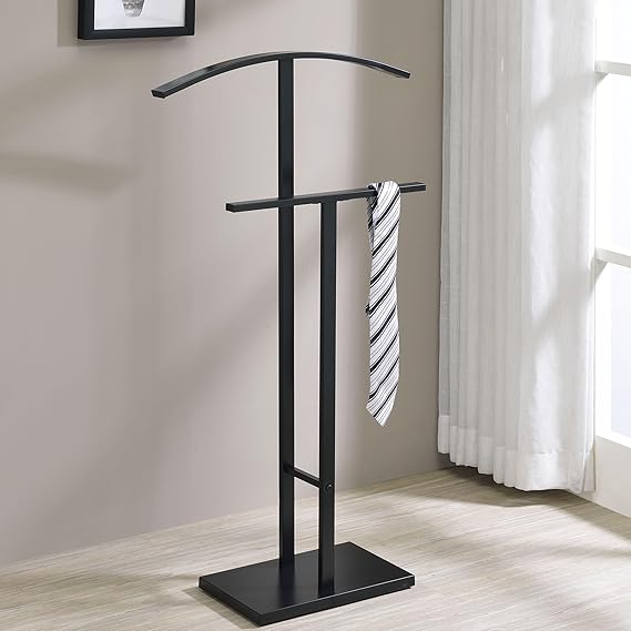 Kings Brand Furniture Dossi Modern Metal Suit Valet Stand, Clothes Rack Organizer with Jacket, Pants & Tie Holder, Space-Saving Garment Rack for Bedroom or Closet (Black)