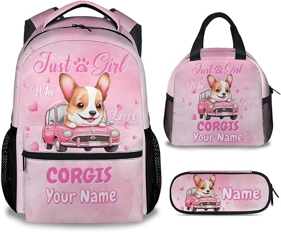 UNIKITTY Personalized Backpack with Lunch Box - Girls Backpack for School - Corgi Bookbag with Pencil Case - 17 Inch Custom Toddler School Bag Set for Primary Elementary