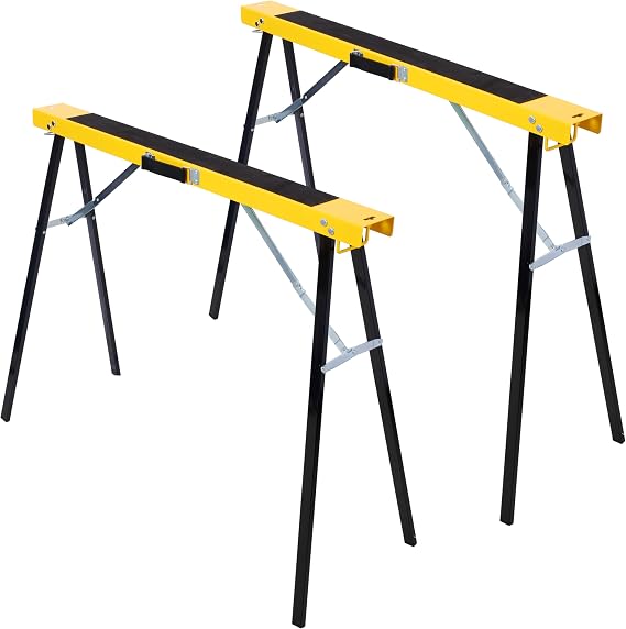 Heavy Duty Folding Saw Horses 2 Pack - 550lb Capacity Steel Workhorse with Fast-Open Legs & Non-Slip Surface for Garage, Workshop - Fully Assembled (Yellow+Black)