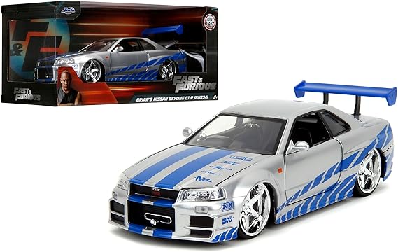 Jada Toys Fast & Furious Brians 2002 Nissan Skyline R34 Die-cast Car, 1:24 Scale, Silver & Blue