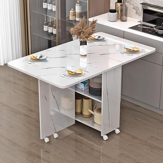 Extendable Drop Leaf Folding Dining Table with 2-Layer Storage,Folding Table Drop Leaf Dining Table with Wheels, Multifunction Expandable Table for Kitchen,Bedroom(White)