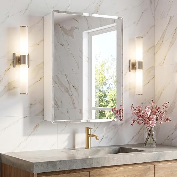 Bathroom Medicine Cabinet, 16x26 inch Medicine Cabinet with Mirror, Rectangular Beveled Frameless Mirror, Recess or Surface Mount Installation