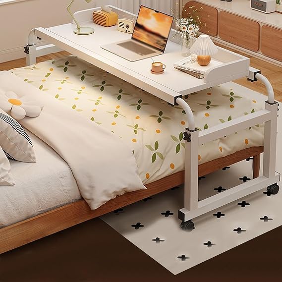 Mobile Overbed Bedside Desk, Tray Table for Laptop,Adjustable Portable Computer Stand Tray Medical Hospital Bed Table On Wheels,Sturdy Frame(White+)