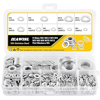 1050PCS 304 Stainless Steel Flat Washers Set, M2 M2.5 M3 M4 M5 M6 M8 M10 M12 Assortment Kit, Metal Round Spacers for Screws and Bolts, Plain Washers for Home Repair, Automotive & DIY Projects
