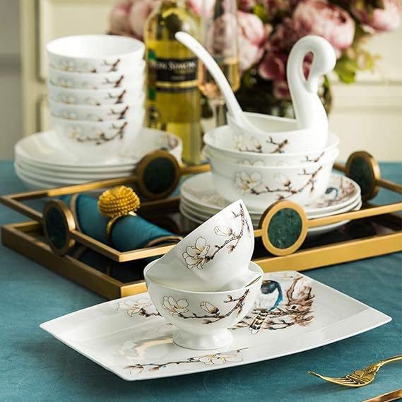 Dinnerware Sets - Luxury Gift Dishes Service Set, 60 Pieces European Dinnerware Set, Chinese Ceramic Tableware, European Bone China Bowls, Plates and Chopsticks Set Service for 8-10