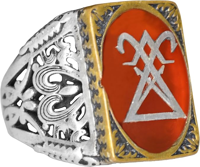 KAMBO Men's Handmade 925 Sterling Silver Gothic Ring with Agate Stone, Vintage Satanic Sigil and Seal of Lucifer Design, Statement Jewelry Gift for Him, Christmas Occasion