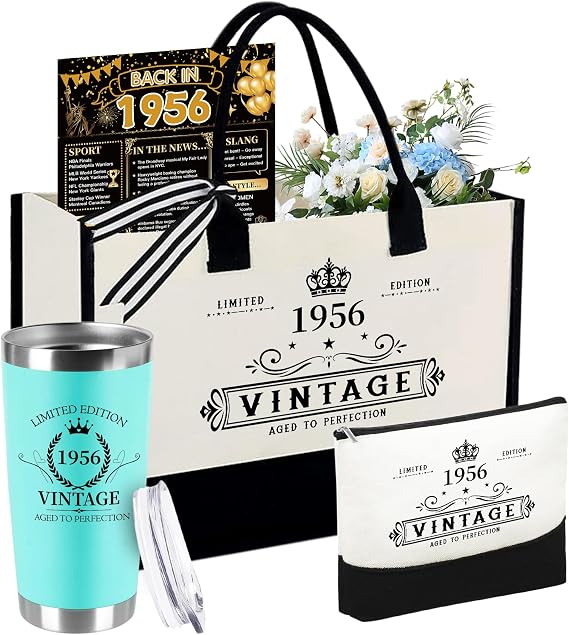 70th Birthday Gifts for Women Her- 4 pcs, Turning 70 Year Old Gifts, Decorations Canvas Beach Tote Bag & Makeup Bag, Unique Happy 70th Present for Her Mom Wife Friends