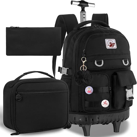 CCJPX Rolling Backpack for Girls Women, 21 inch Roller Wheels School Bookbag, Wheeled Suitcase Backpacks with Lunch Bag for Teen - Black