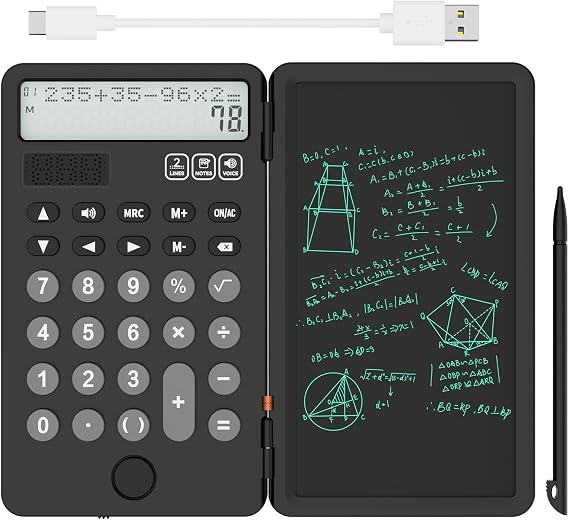 NEWYES Portable Basic Calculator with Notepad Writing Tablet,2 Line Display 12 Digits Large Display Rechargeable Solar Power for Primary and Middle School Students, Office (Black)