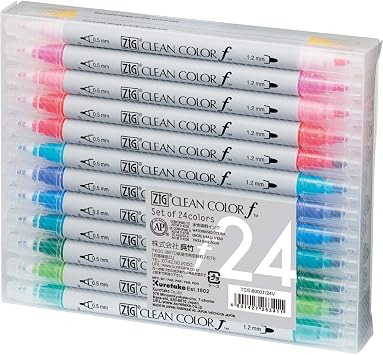 Kuretake ZIG CLEAN COLOR f, 0.5 mm & 1.2 mm, AP-Certified, Odourless, Xylene Free, Suitable for dark paper, Perfect for illustrating, sketching, designing and cartooning. Made in Japan (24 colors set)