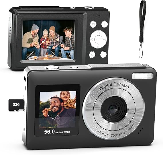 Digital Camera,56MP Dual-Screen Point and Shoot Camera with Auto Focus,Smile Capture,Anti-Shake,16X Zoom,32GB SD Card Digicam Gift for Boys Girls Teens