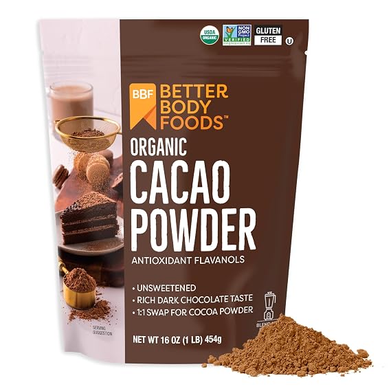BetterBody Foods Organic Cacao Powder, Rich Chocolate Flavor, Non-GMO, Gluten-Free, Cocoa, 16 ounce, 1 lb bag