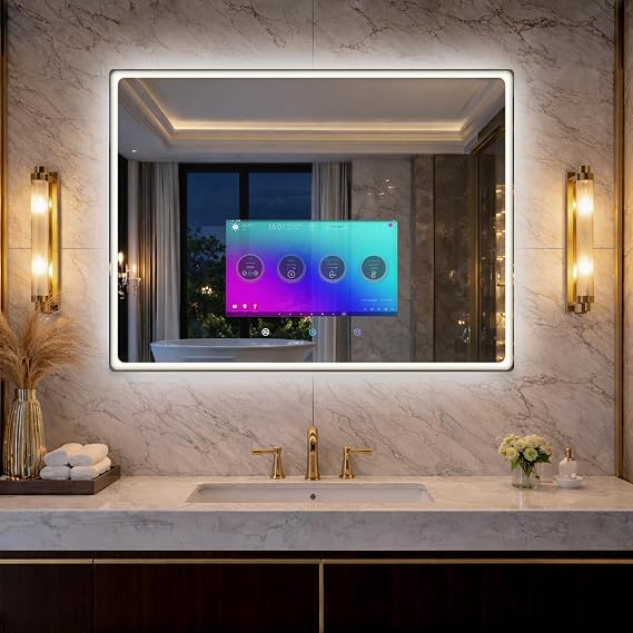 32×24 Inch Smart Vanity Bathroom Mirror with 15.6" Waterproof Touchscreen TV, Android OS, WiFi/Bluetooth/HDMI, Anti-Fog, 3-Color LED Lights for Bathroom,Bedroom,Hotel&Spa Wall Mounted