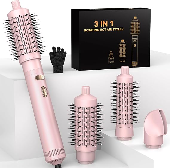 3 in 1 Rotating Hair Dryer Brush Spinning with Detachable Brush(2" & 1.5"),Brush Blow Dryer 100-120V,3 Heats and 2 Speeds Rotating Hot Air Brush for Curling,Straight,Drying