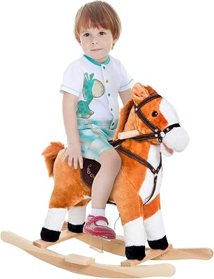 Qaba Kids Plush Toy Rocking Horse Ride on with Realistic Sounds - Brown