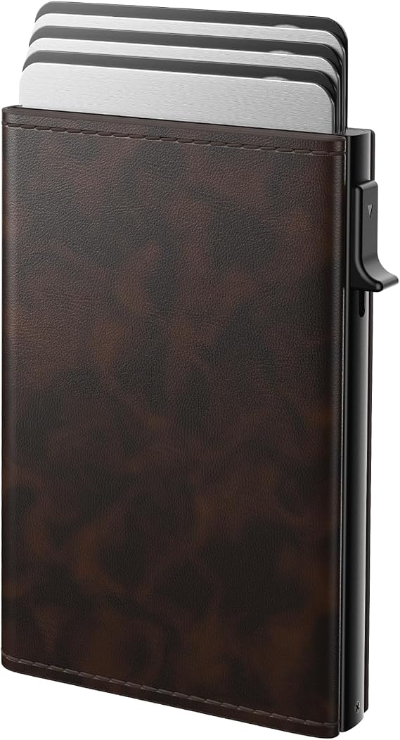 typecase Mens Wallet Card Holder: Pop Up Aluminum Case, Genuine Leather, Smart, RFID Blocking, Slim, Minimalist, Front Pocket - 9-14 Card Capacity | ID Window | Cash Slot (Antique Brown)