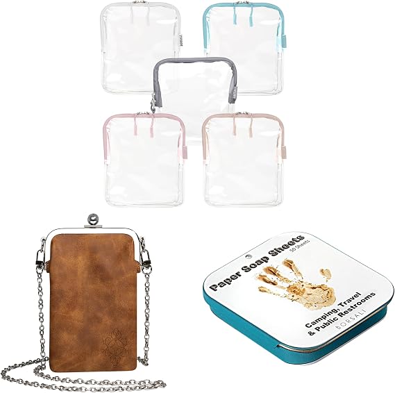 BORSALI 5-pack TSA Quart Size Bag Approved for Carry On Travel with Brown Small Crossbody Bag for Women and Paper Soap Sheets 1 Case with 50 Sheets To Go