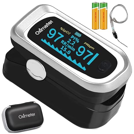 Fingertip Pulse Oximeter with SpO2, Respiratory Rate, Pulse Rate & PI, Smart OLED with Alarm for Home, Travel, Sports/Aviation Batteries, Case & Lanyard - Black/Silver