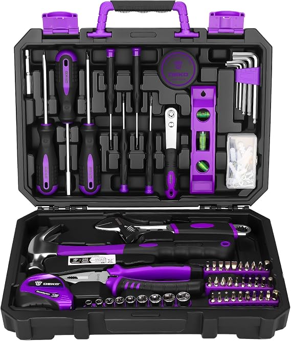 DEKO 100 Piece Tool Kit Complete Home Tool Set with Claw Hammer, Djustable Wrench, Combination Pliers, Screwdriver Set, Tape Measure - Basic Household Repair Toolbox for DIY Projects(Purple)